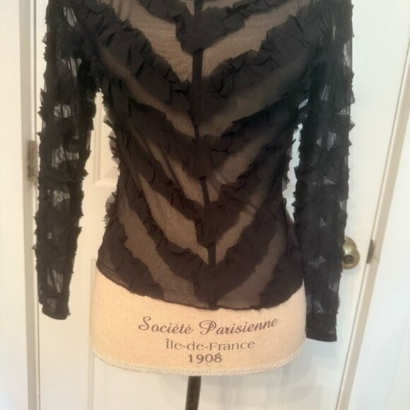 FLORA NIKROOS NEW Black Ruffled Sheer Top blouse tee long sleeve Size S USA - Picture 3 of 10